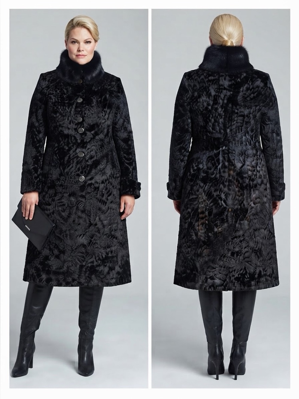 NWT WOMEN‎ BLACK COAT REMOVABLE REAL FUR COLLAR INSULATED SINGLE-BREASTED RP$699